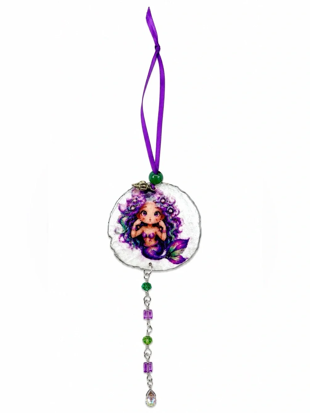 Purple & Green Decoupage Mermaid Sand Dollar Crystal Sun Catcher